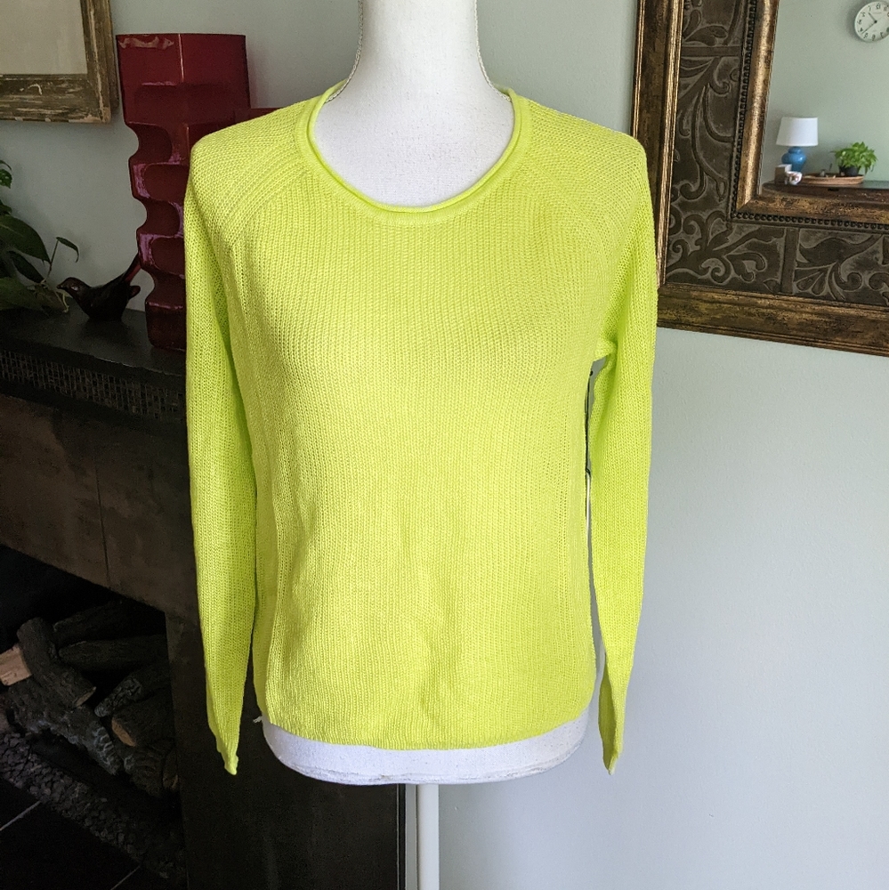 NEW White + Warren Linen Ribbed Crewneck Neon Yellow Women's  XS Long Sleeve 152